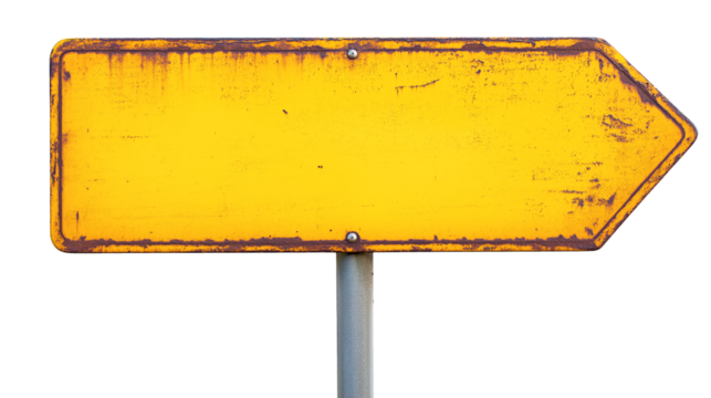 blank yellow rustic metal signpost guide board, old weathered signboard, cutout png
