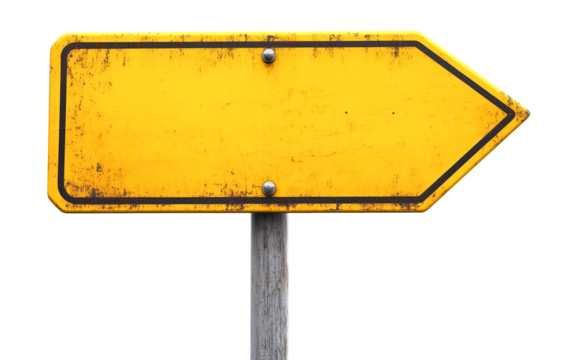 blank yellow rustic metal signpost guide board, old weathered signboard, cutout png