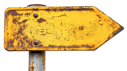 yellow rustic metal signpost guide board, old weathered signboard, cutout png
