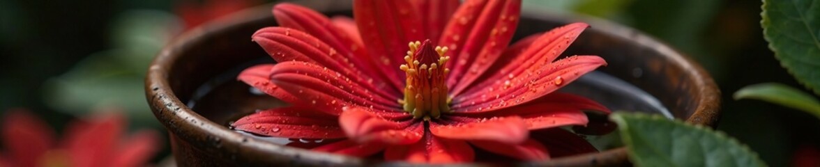 Fototapeta premium Red flower with water droplets on petals in a shallow container, red, botanical