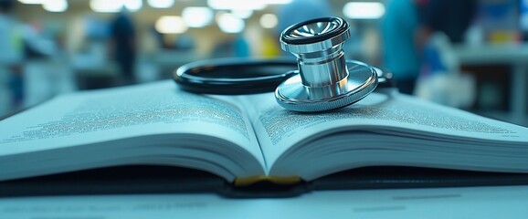 A stethoscope rests on an open medical textbook in a healthcare setting.
