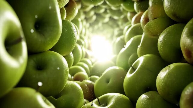A mesmerizing arrangement of fresh green apples forms a captivating tunnel. The sunlight shines through, illuminating the apples and creating an enchanting atmosphere