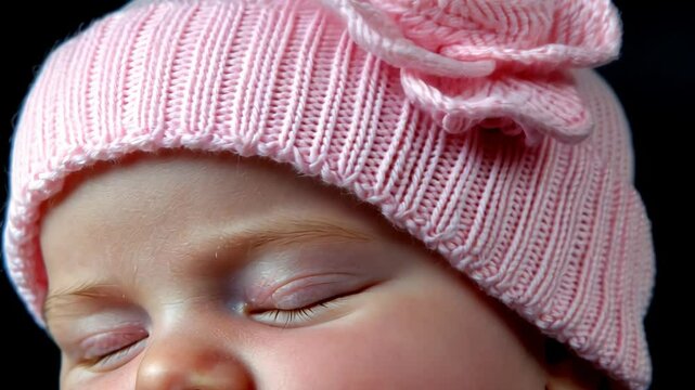 Baby girl sleeping peacefully with a pink knit hat adorned with a flower during a cozy afternoon at home