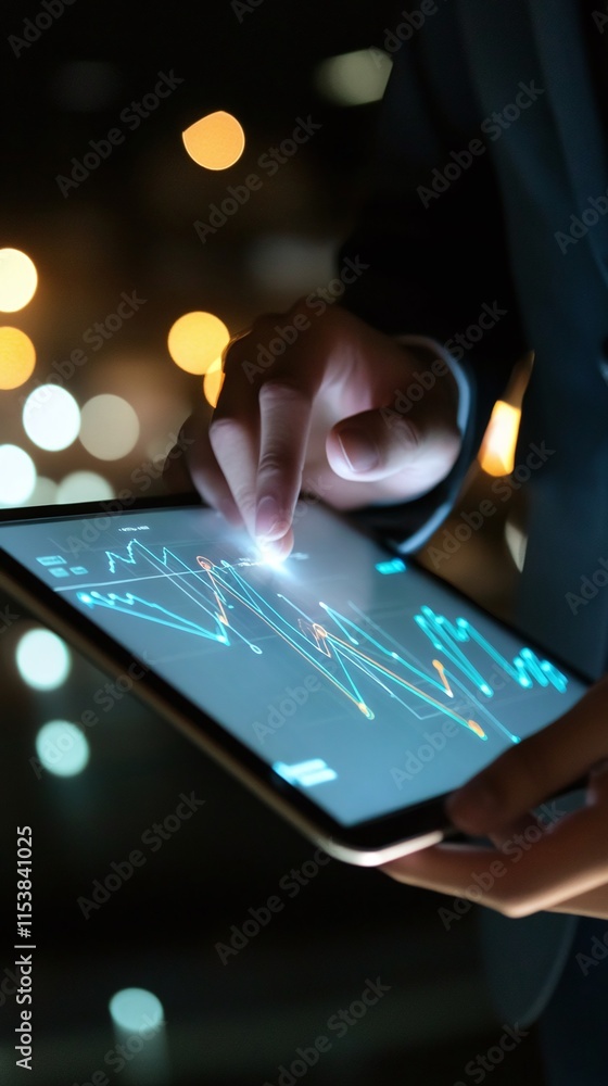 Poster financial advisor using a digital tablet with glowing trend lines to create investment strategies in