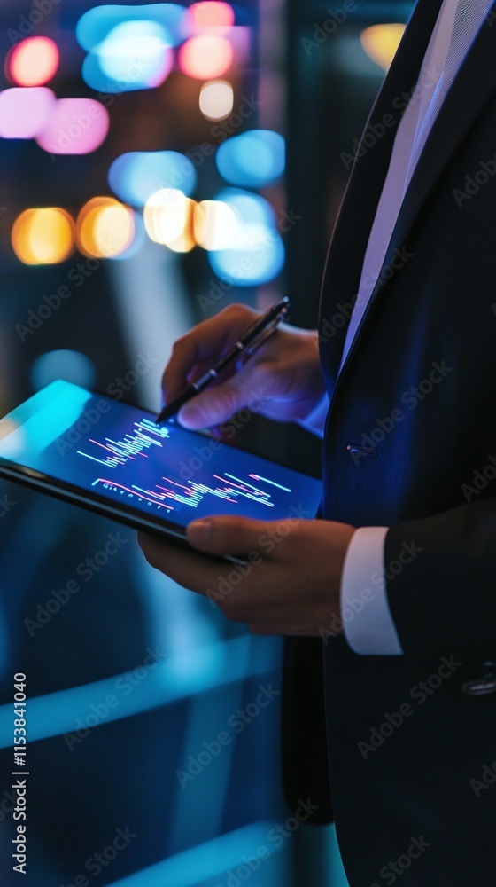 Poster financial advisor using a digital tablet with glowing trend lines to create investment strategies in