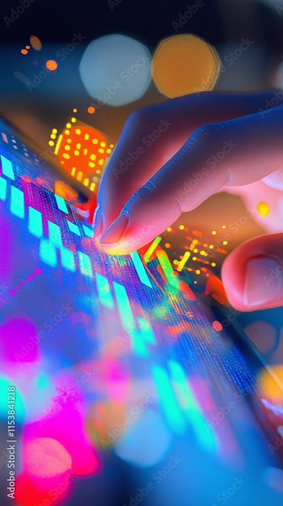 Poster financial analyst comparing data projections on a digital device with vibrant glowing graphs in a co