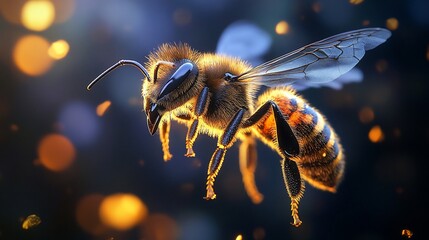 Close-up of a honeybee in flight, illuminated by warm bokeh lights.