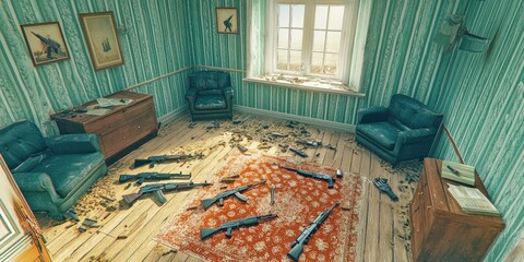 A disheveled room with scattered weapons and furniture, suggesting chaos or conflict.
