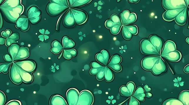 Shamrocks and clovers in a gradient of greens, arranged in a dynamic composition with glowing highlights and subtle shadows, set against a luminous textured background. --ar 16:9 --sref https://s.mj.