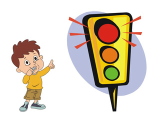 Cute boy whistling, Kid Blowing a Whistle, traffic enforcer pointing signal red light, cartoon character design illustration vector eps format,