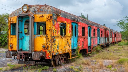 Obraz premium Rusty, colorful abandoned train carriages in overgrown field.