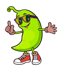 Funny pea pod in sunglasses. Groovy retro cartoon vector isolated illustration