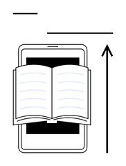 Open book overlaid on tablet surrounded by navigation arrows and lines. Ideal for technology, education, learning, digitalization, reading, innovation, connectivity. Line metaphor