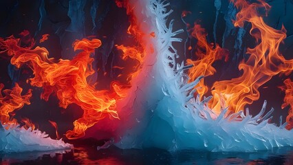 Visually striking abstract depiction juxtaposing vibrant flames with icy, frozen elements, symbolizing opposites of fire and cold energy. visually dynamic showcase of contrast and temperature extremes