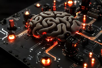 Fototapeta premium Artificial brain on circuit board with glowing lights, symbolizing AI and innovation.