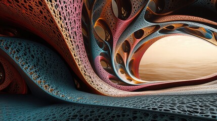 An abstract, colorful fractal landscape with intricate patterns and organic shapes.