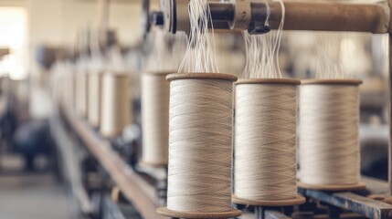 Close-Up of Spools of White Thread in a Factory