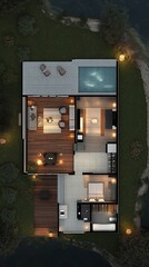 Floor plan of a riverfront property with outdoor entertainment spaces