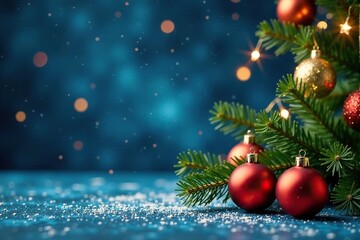 Winter festive decoration on a blue background, gold ornaments, starry night, festive atmosphere