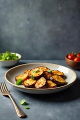 Whole piece of crispy fried eggplant on a large plate against a dull gray wall with a few utensils nearby, utensil, menu item