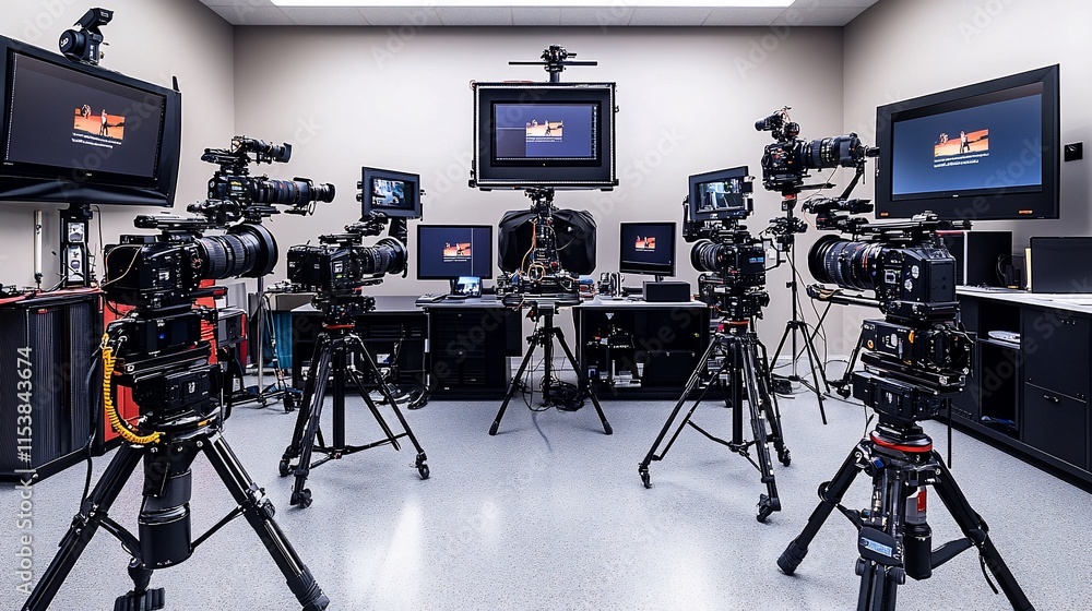Aufkleber a studio setup featuring multiple cameras and monitors for video production.