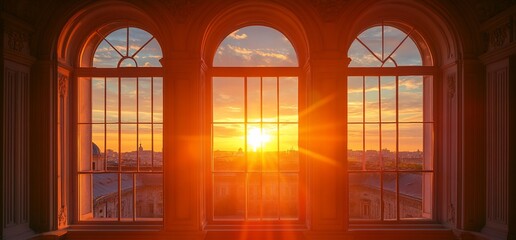 A stunning sunset viewed through arched windows, illuminating the room.