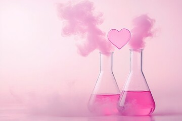 close-up of two laboratory chemical flasks with pink liquid emitting smoke and a heart between them with copy space