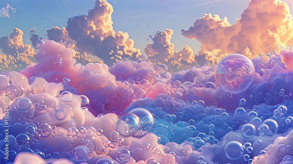 Poster dreamlike cloudscape with iridescent bubbles floating