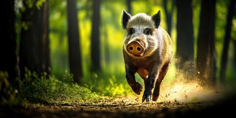 Naklejka premium A wild boar running through a forest, capturing the essence of nature and wildlife.