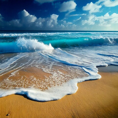Stunning Turquoise Wave Crashing on Golden Sand Beach
