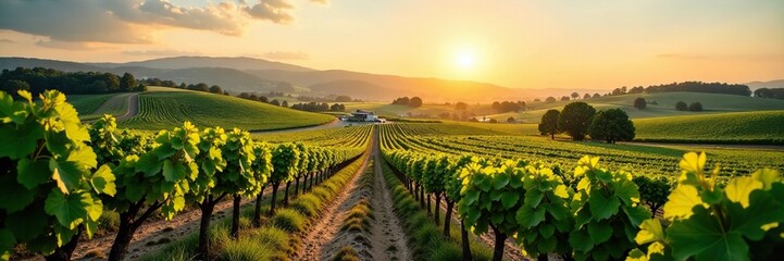 Fototapeta premium Vineyard landscape with rolling hills and grapes, nature, sun, fields
