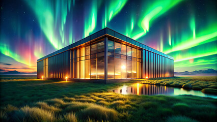 futuristic data processing center with gleaming copper and chrome, surrounded by vibrant green and purple auroras. serene landscape features reflective pond and lush grass