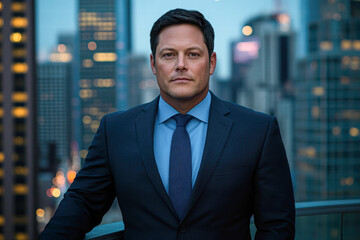 Fototapeta premium Business executive portrait urban skyline professional evening light confidence