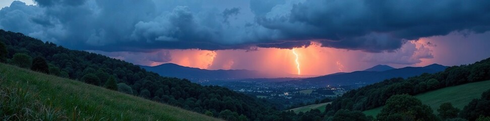 Fototapeta premium Stormy weather over the hills of Les Maures at dusk, landscape, cloudy sky, twilight