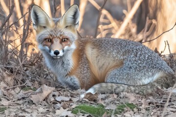 A close-up of a fox resting among dried leaves in a natural setting.