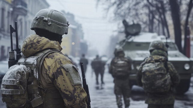 Armed soldier in camouflage gear stands in a snowy urban street, observing others near a military vehicle during winter conditions Generative AI