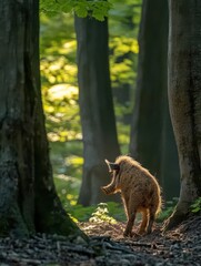 Obraz premium A young wild boar walks through a sunlit forest, surrounded by tall trees and greenery.
