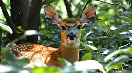 A young deer rests among lush green foliage in a serene forest setting.