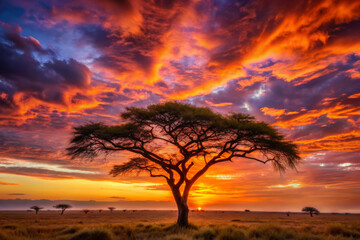 Naklejka premium lone acacia tree stands majestically against vibrant sunset, with dramatic clouds painted in shades of orange, purple, and blue. scene evokes sense of tranquility and awe