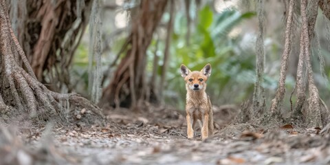 A small fox stands on a forest path surrounded by lush greenery and tree roots.