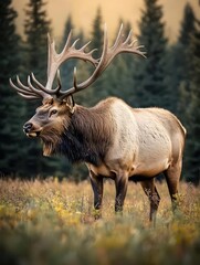 Fototapeta premium A majestic elk stands in a vibrant meadow surrounded by trees.