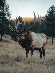 Fototapeta premium A majestic elk with large antlers stands in a grassy field surrounded by trees.