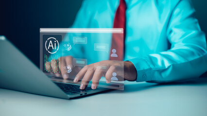 Intelligence artificial futuristic and technology development; AI network of brain on business analysis; Software for chat with AI; Businessman using the AI; chat system to find answers to questions.