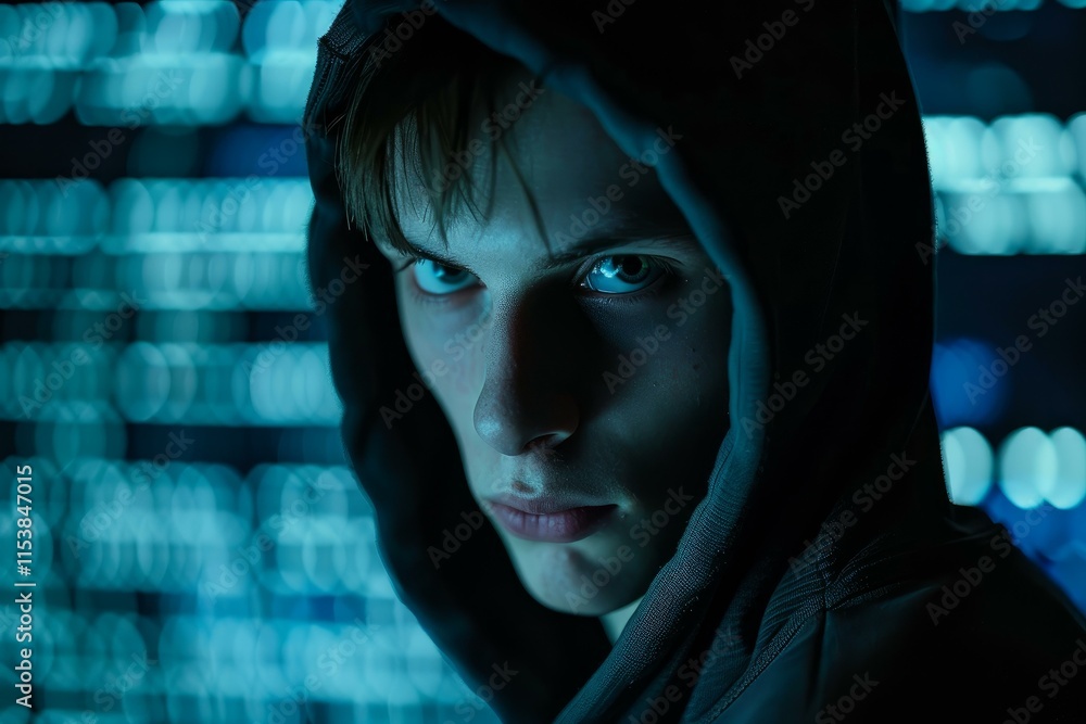Poster hacker wearing hood is programming malware, cybercrime and hacking concept
