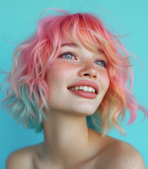 Fototapeta premium Vibrant portrait of young smiling girl with multicolored rainbow hair, showcasing her cheerful smile and freckled face against turquoise background