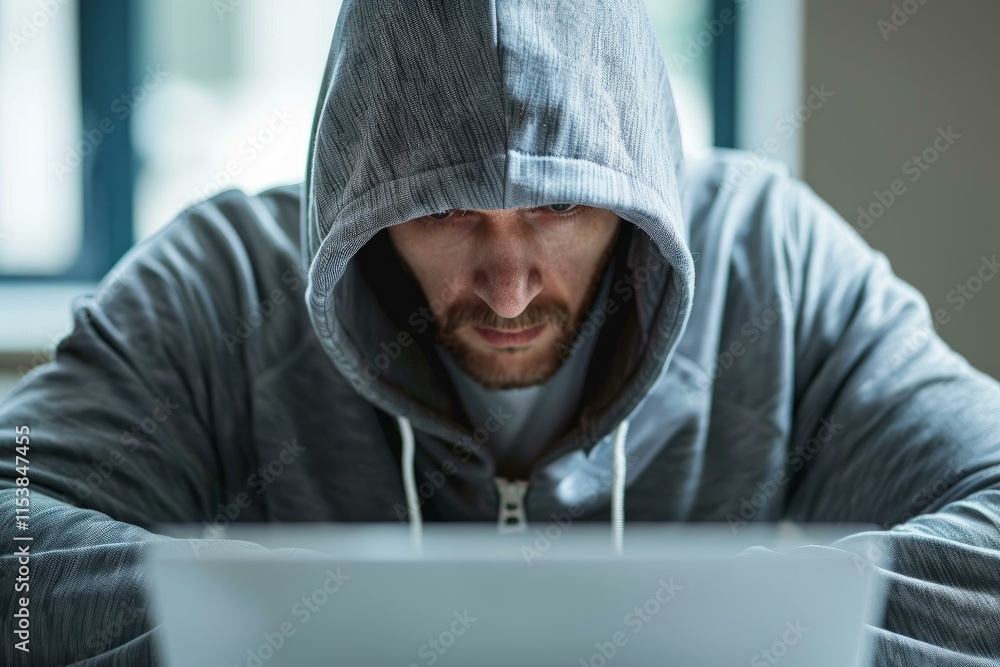 Poster hacker wearing a hoodie using laptop, breaking into computer system, cybercrime and internet securit