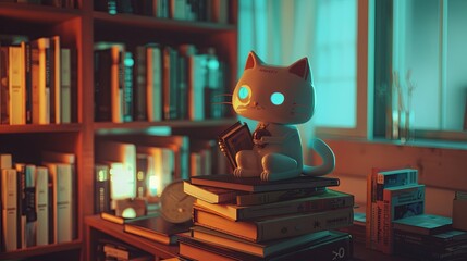 Neko robot reading books cozy home 3d art