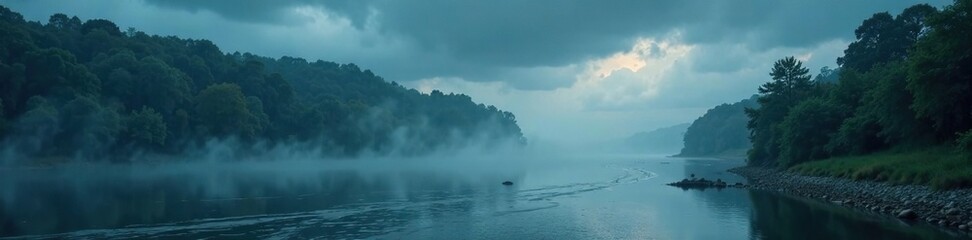 Riverbank shrouded in mist and fog under a darkening stormy sky, rain, river, fog