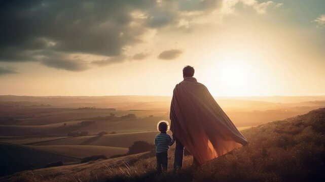 Back view of super dad holding his little boy hand at top of the hill watching the sunset