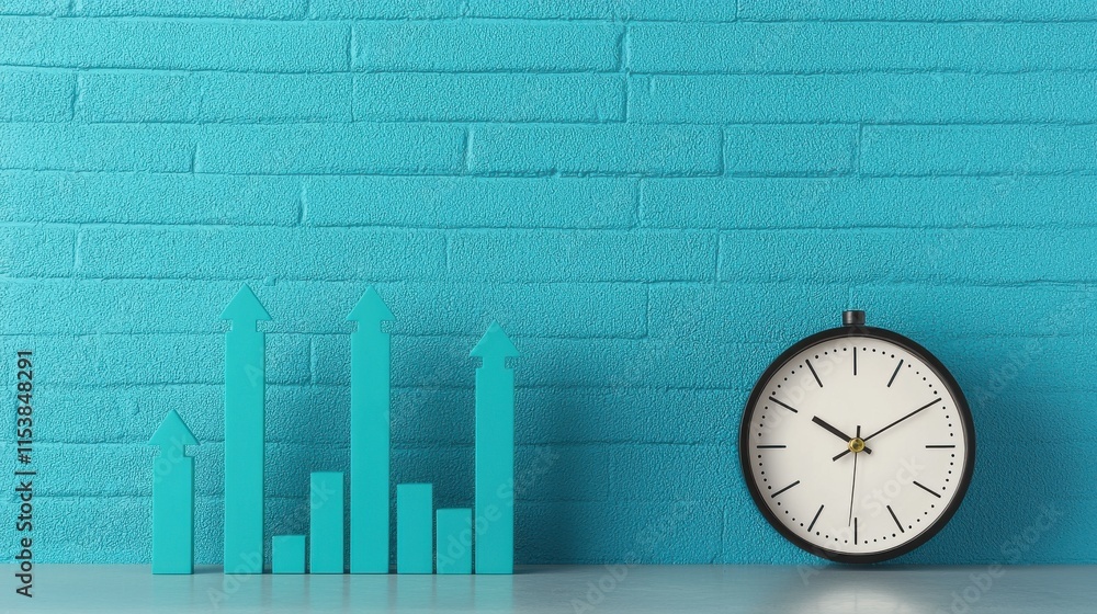 Poster clock next to bar graph with arrows on blue background